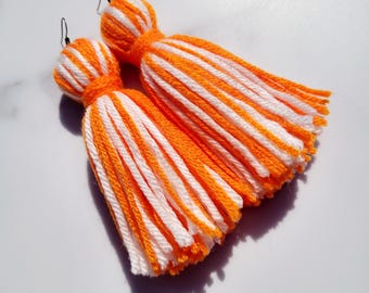 Orange and White Tassel Yarn Earrings