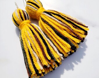 Yellow and Green Tassel Yarn Earrings