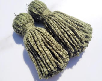 Forest Green Tassel Yarn Earrings