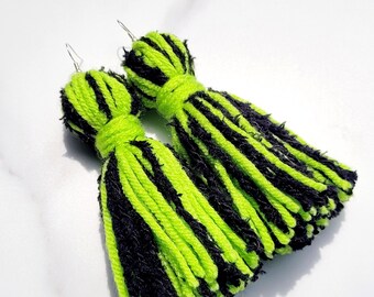 Lime Green and Fluffy Black Tassel Yarn Earrings