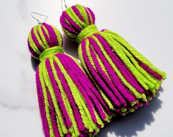 Lime Green and Fuchsia Tassel Yarn Earrings