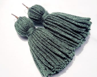 Army Green Tassel Yarn Earrings