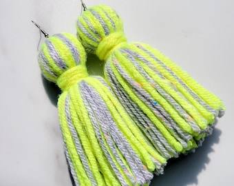 Highlighter Yellow and Gray Tassel Yarn Earrings