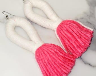 White Loop and Pink Tassel Yarn Earrings