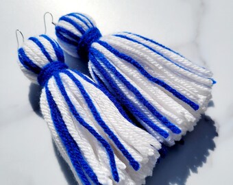 Duke University Royal Blue and White Tassel Yarn Earrings