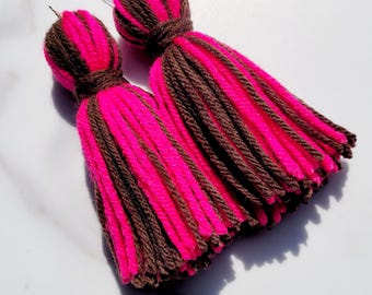 Pink and Brown Tassel Yarn Earrings