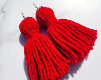 Crimson Red Tassel Yarn Earrings