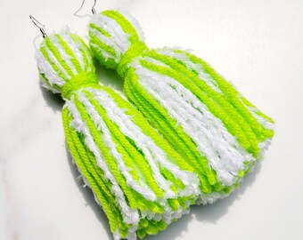 Lime Green and Fluffy White Tassel Yarn Earrings