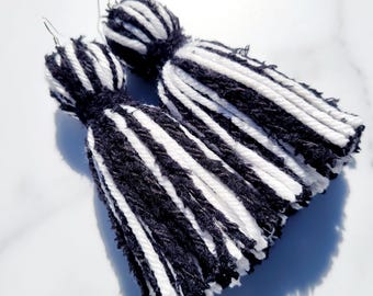 Fluffy Black and White Tassel Yarn Earrings