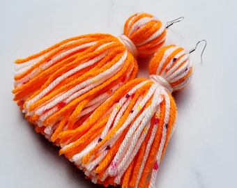Orange and White Tassel Yarn Earrings