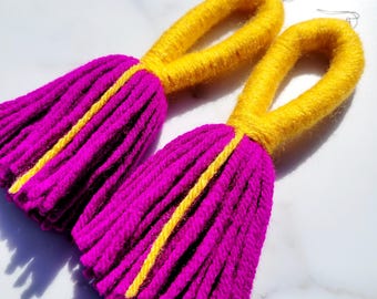 Mustard Loop and Fushcia Tassel Yarn Earrings