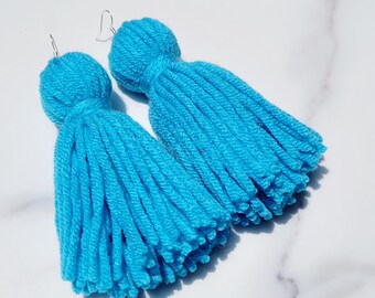 Blue Tassel Yarn Earrings