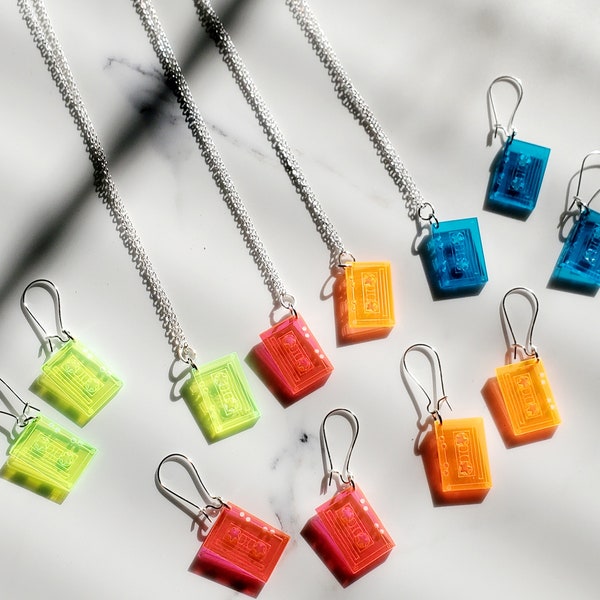 Retro Neon Cassette Tape Earrings and Necklace Set