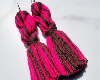 Pink and Brown Tassel Yarn Earrings