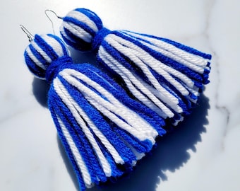 Duke University Royal Blue and White Tassel Yarn Earrings