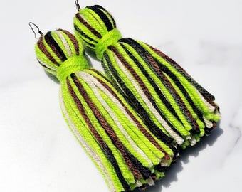 Lime Green and Camo Tassel Yarn Earrings