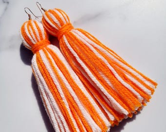Long Orange and White Tassel Yarn Earrings