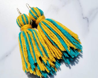 Teal and Gold Tassel Yarn Earrings