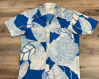 Jaren 60 vintage Hawaiiaans bloemenshirt: abstracte print met volledige ritssluiting Luau