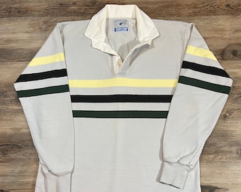 90er Vintage STRIPED LANDS' END Rugby Shirt grau schwarz grün gelb Preppy Universität Ivy League Pullover Sweatshirt Jersey weich