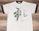1990 Vintage NATIVE AMERICAN WARRIOR Inuit Alaskan Indian Chief Tribal Drawing Double Collar Sleeve Heather Gray Anvil Single Stitch T-Shirt