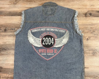 2004 Myrtle Beach BIKER RALLY DENIM Cut off Jean Jacket Vest Trucker Waistcoat Retro Streetwear Rocker Harley Davidson V-Twin Punk Rock