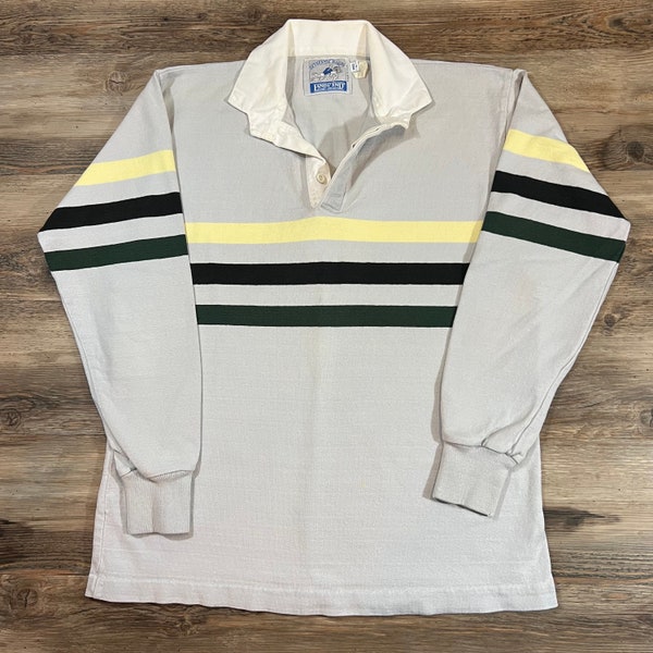 90s Vintage STRIPED LANDS' END Rugby Shirt Gray Black Green Yellow Preppy University Ivy League Pullover Sweatshirt Jersey Soft