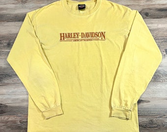 90s Y2K Vintage HARLEY DAVIDSON MOTORCYCLE Yellow Orange Embroidered Logo Long Sleeve Biker T-Shirt