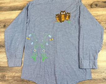 Vintage geborduurd denim shirt: gebloemde uil western rockabilly