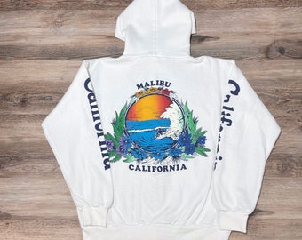 1973 Vintage MALIBU CALIFORNIA HOODIE Sweatshirt Full Zip Spellout Jumper Surfing Beach Ocean Wave West Coast Boho Souvenir Streetwear Style