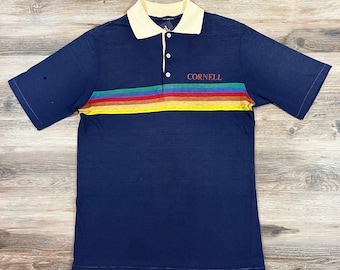 Rare 70s 80s Vintage RAINBOW STRIPE CORNELL University Polo Shirt Preppy Collegiate Ivy League College