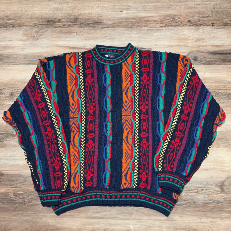 90s Vintage Old Glory COSBY COOGI STYLE 3D Texture Pattern Striped Rainbow Mens Knit Biggie Smalls Crewneck Pullover Sweater Jumper Tundra