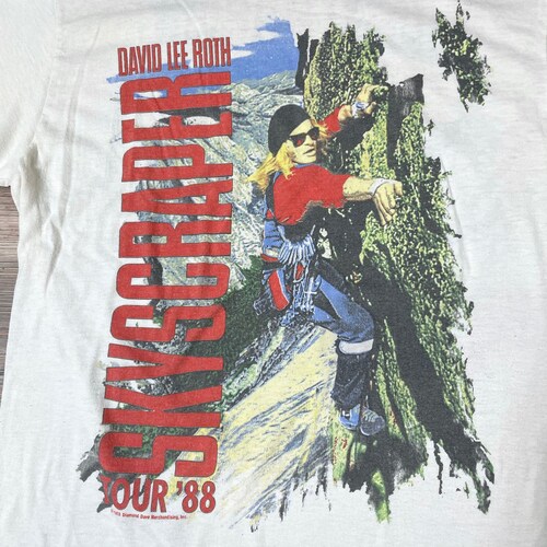 Rare 1988 shops Vintage DAVID LEE ROTH Skyscraper '88 Van Halen Glam Rock Hair Metal Band Concert Tour T-Shirt Rock Climbing Mountaineering 80s