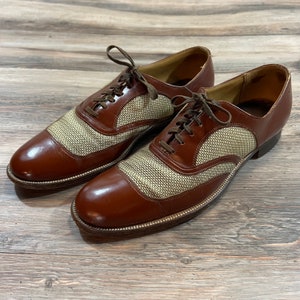 Rare 1940s-1950s HANOVER SPECTATOR MESH Oxford Brown Leather Perforated Brogue Wingtip Loafers Lace Up Dress Shoes