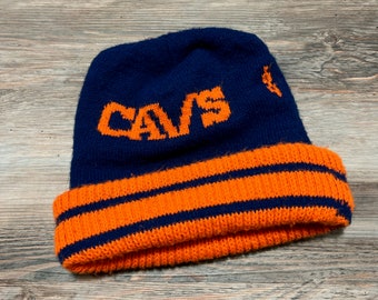 1980s Vintage CLEVELAND CAVS NBA Basketball Cavaliers Navy Blue Orange Striped Lebron James Ohio Knit Beanie Hat