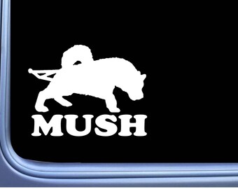 May include: White silhouette of a dog with the word "MUSH" underneath. The dog is in a running position with its tongue out.