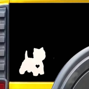 May include: White silhouette of a West Highland White Terrier dog with a small heart on its chest. The silhouette is on a black background.