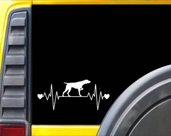 May include: A white silhouette of a German Shorthaired Pointer dog running with a heartbeat graphic and two hearts on a black background.