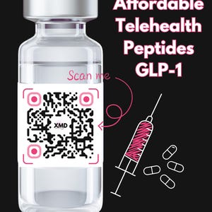 May include: A clear glass vial with a silver cap and a white label featuring a QR code and the text "Scan me." The image also includes a syringe illustration and the words "Affordable Telehealth Peptides GLP-1."