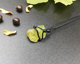 Raw Peridot Necklace, August Birthstone, Waxed Cotton Net