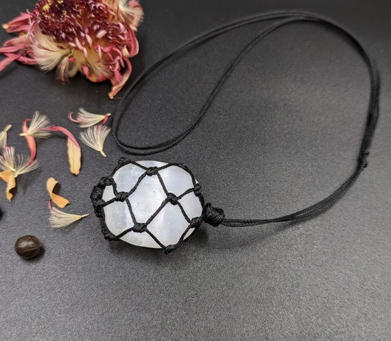 Selenite Crystal Necklace, Macrame Pendant, Reiki Crown Chakra
