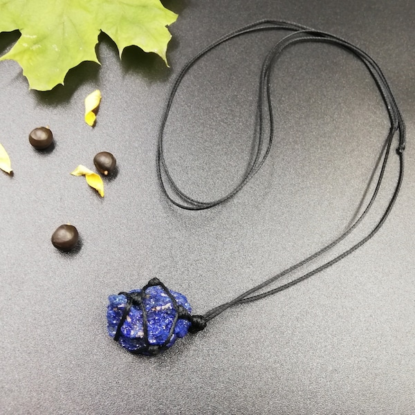 Raw Azurite Crystal Necklace, Adjustable Reiki Healing Pendant