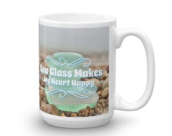 Sea Glass Makes My Heart Happy Mug, Sea Glass Lover Mug, Sea Glass Mug, Gift with Sea Glass
