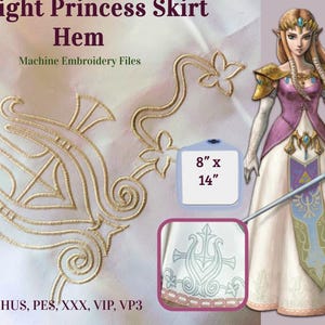 May include: Machine embroidery files for a Twilight Princess skirt hem. The design features an ornate gold pattern with floral accents. The image includes a digital illustration of a character in a white and purple dress, and a sample of the embroidery design. The design measures 8" x 14".