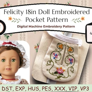 Puede incluir: Patrón de bordado digital para un bolsillo de muñeca de 45 cm. El diseño presenta bordados florales en rosa, azul y amarillo sobre un bolsillo beige. La imagen incluye una muñeca con un gorro y un indicador de tamaño de 10 x 10 cm.