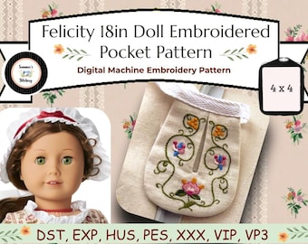 Bolso bordado digitalmente à máquina, réplica do século XVIII, da Felicity Merriman, para boneca American Girl.