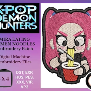 May include: An embroidered patch featuring a cartoon character with pink hair eating ramen noodles. The patch is in the shape of the character's head and has a black border. The text "MIRA EATING RAMEN NOODLES Embroidery Patch" is also visible.