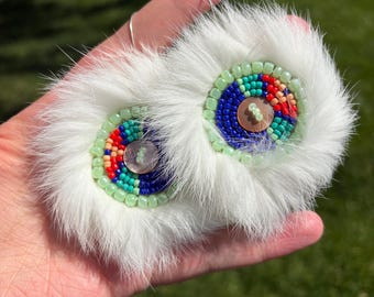 ANCESTERAL SKIES- Large Native American Tribal Beaded Earrings with white Rabbit Fur, abalone shells & blue, orange, turquoise glass beads