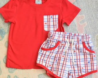 Boys Patriotic Shorts and Shirt Set, Red White Blue, Summer Outfit