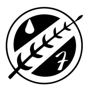 Pode incluir: Gráfico preto e branco de um emblema circular. O emblema apresenta uma forma de gota estilizada, uma faixa diagonal, um raminho com folhas curvas e uma letra "f" cursiva. O design está sobre um fundo branco.